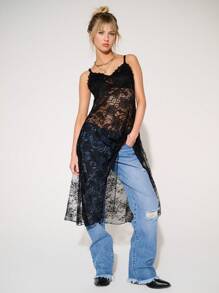 WESTFADE Mixed Lace Slip Dress - Black - View 3
