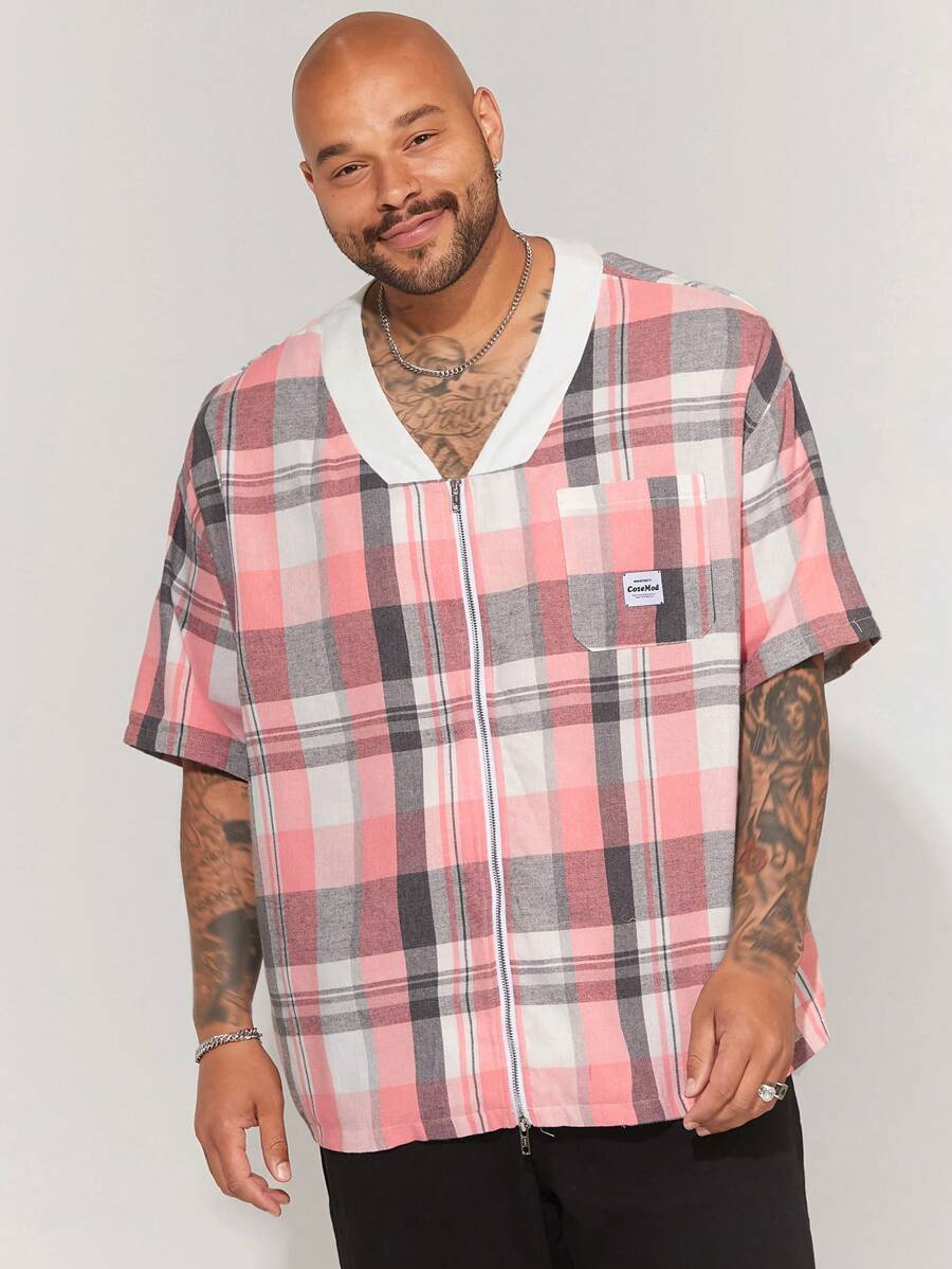 Manfinity VCAY Manfinity CozeMod Men's Plus Size Casual Loose Grid Drop Shoulder Short Sleeve Shirt, Suitable For Summer And Daily Wear - Pink - View 1