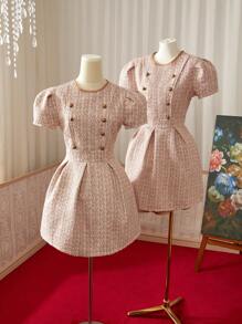 Elegant Double Breasted Color Block Splice 2 In 1 Dress For Tween Girls, Summer