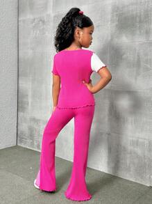 SHEIN Leap Crew Tween Girl 休閒圓領短袖T恤和褲子套裝，彩塊設計 - 玫紅色 - 查看 2