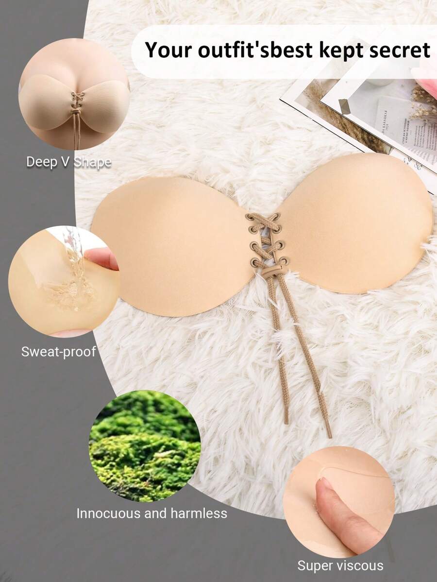Lace-Up Front Strapless Self Adhesive Bra - Beige - View 1
