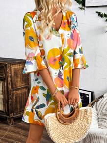 SHEIN LUNE Women's Holiday Casual Random Flower Print Flare Sleeve Front Button-Up Dress - Multicolor - View 5