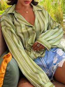 SHEIN Unity 女士時尚條紋寬鬆防曬襯衫，休閒風格 - 綠色 - 查看 1