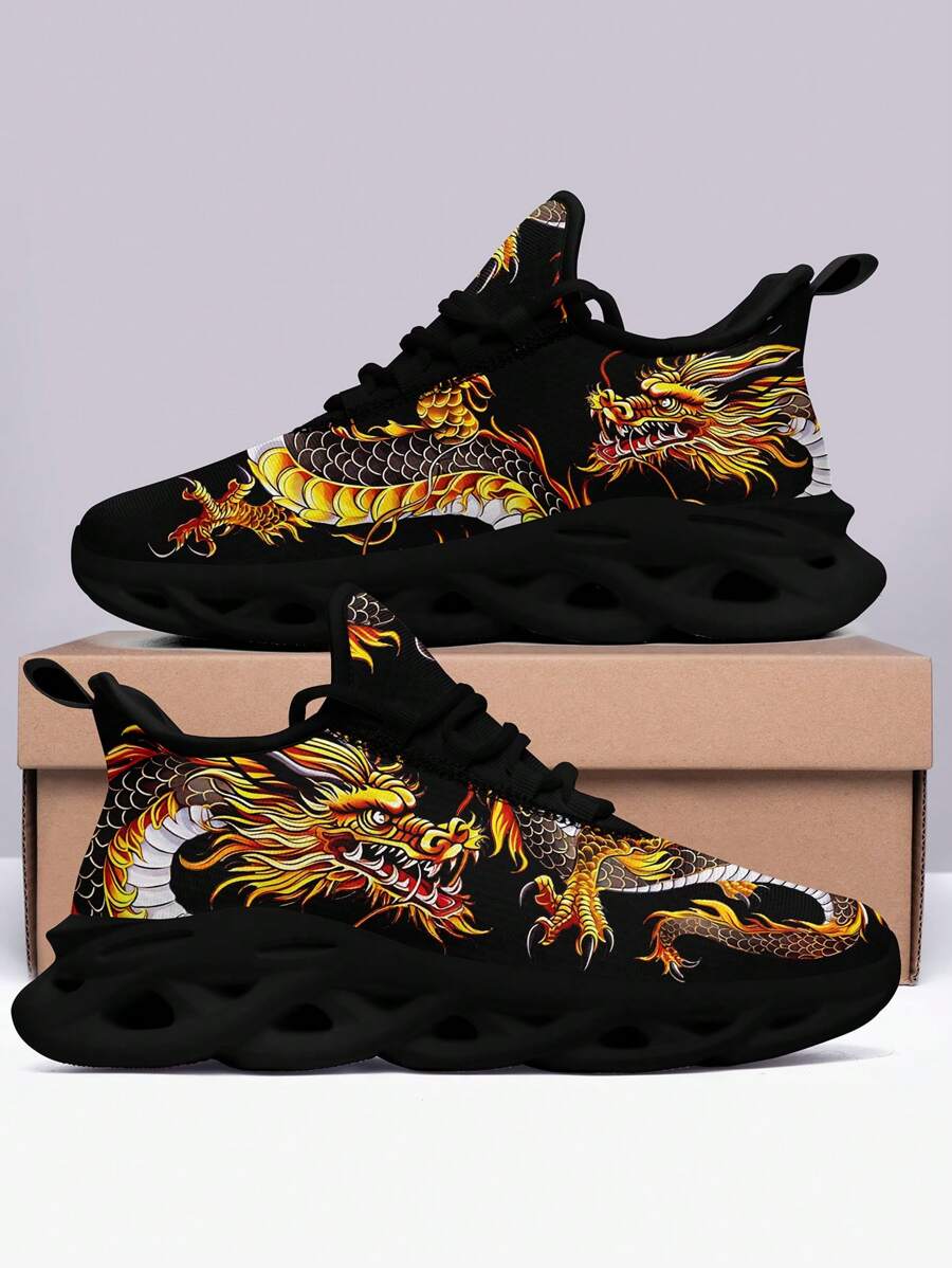Chaussures De Course Pour Hommes Avec Impression De Dragon De Chine, Semelle En Lame, Confortables, Respirantes, Légères, Résistantes À L'usure, Absorbant Les Chocs Et Amortissantes