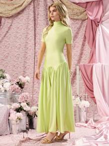 COSMINA Elegant Women's Fall High Neck Solid Color Ruched Split Long Party Gala Cocktail Dress