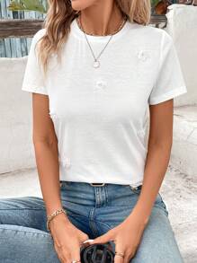 SHEIN LUNE Summer Back To School Fashionable White Flower Applique Short Sleeve Women's T-Shirt