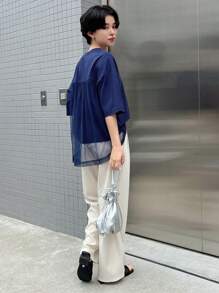 FRIFUL Women's Summer Solid Color Round Neck Drop Shoulder Wide Sleeve Loose Mesh Panel T-Shirt - Navy Blue - View 7