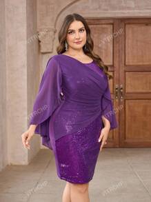 Plus Size Women Asymmetric Neck Cape Sleeve Ruched Sequin Embellished Fitted Short Formal Dress