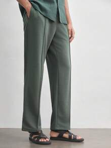 AKNOTIC Business Casual Men's Knitted Elastic Waist Drawstring Mid-Rise Loose Fit Straight Leg Casual Pants, Long-Length, Suitable For Spring And Summer Daily Wear - Dark Green - View 4