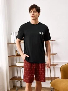 男士自行車印花短袖襯衫和短褲家居服套裝 - 彩色 - 查看 4