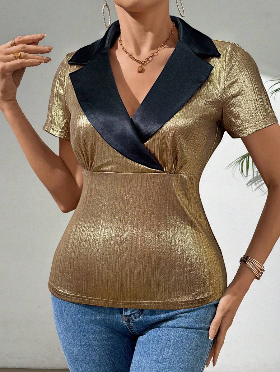 SHEIN Clasi Women's Short Sleeve T-Shirt With Gold-Stamped Flat Collar And Color-Contrasting Splicing - Gold - View 1