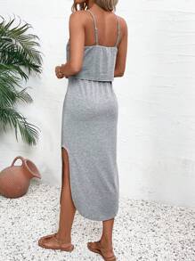 SHEIN LUNE Vestido de tirantes para mujer de verano casual con cinturón de unicolor - Gris - Ver 2