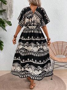 SHEIN LUNE 女士夏季復古印花蝙蝠袖高腰休閒連衣裙，側割裙擺