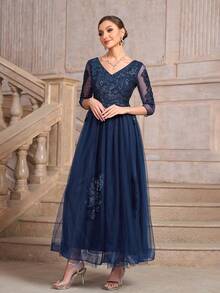 Mother Of The Bride V-Neck Elegant Tulle Dress - Blue - View 4