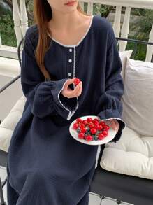 DAZY 撞色邊框荷葉袖休閒裙 - 藏蓝色 - 查看 7