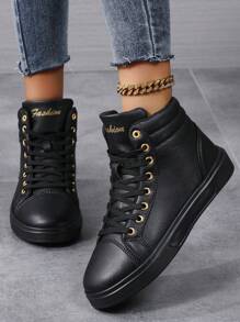 Giày thể thao cổ cao, buộc dây, họa tiết chữ tối giản, phong cách thường ngày dành cho nữ, giày thể thao phối màu unisex dành cho cặp đôi, mùa thu/đông - màu đen - Xem 3