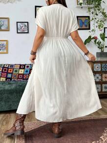 Flirla 大尺碼女士V領扭結繩側開衩長款休閒連衣裙 - 杏色 - 查看 2