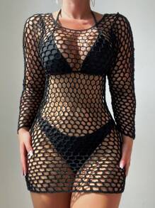 SHEIN Swim Women's Plain And Simple Daily Hollow Out Long Sleeved Dress Summer - Black - View 1