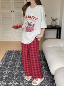 DAZY Conjunto de pijama con hombros caídos con gráficos de letras y caricaturas