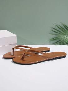 New Summer Style Women's Brown Flat Sandals, Fashionable Thong Slippers For Beach, Matches Dresses, Elegant Women's Shoes