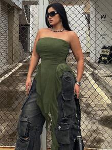 SHEIN ICON Áo yếm hàng ngày đơn giản màu trơn dành cho nữ Plus Size - xanh quân đội - Xem 4