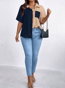 Calvaya Plus Size Women's Loose Casual Shirt With Drop Shoulder And Color Block Design, Summer - Dusty Blue - View 3