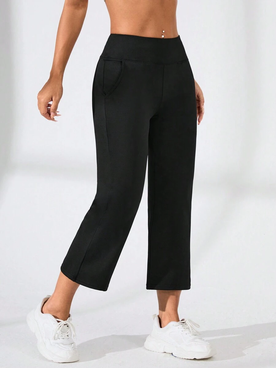 Easithlete 女士純色七分休閒運動褲，帶口袋 - 黑色 - 查看 1