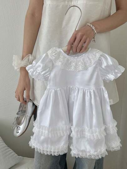 SHEIN Sukienka na miesiąc dla dziewczynki w stylu malarstwa olejnego, przypominająca suknię ślubną i garnitur w stylu zachodnim