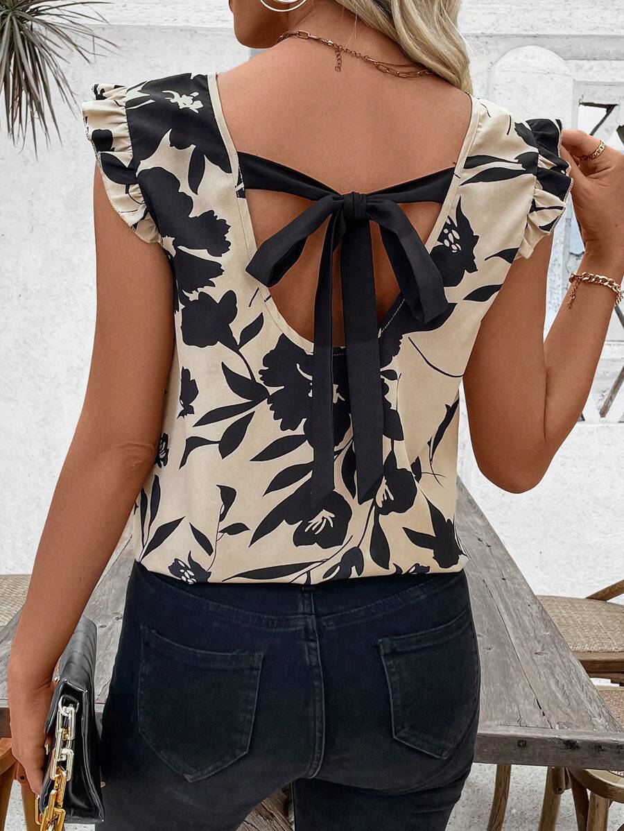 SHEIN LUNE Backless Tie Sleeve Top - Multicolor - View 1