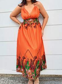 SHEIN VCAY Vestido de talla grande sin mangas con estampado floral, pliegues en el pecho y tirantes anchos - Naranja - Ver 3