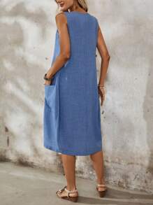 EMERY ROSE Solid Color Button Pocket Women's Casual Sleeveless Summer Daily Dress - Blue - View 2