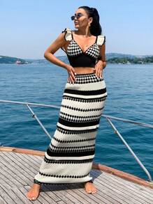 Women Beach Cover Up Top And Skirt Set Cruise Outfits, For Summer Vacation - Black and White - View 7