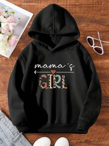 SHEIN 1 pieza Sudadera con capucha con estampado de eslogan informal para niñas preadolescentes con forro térmico, otoño/invierno. Combinación familiar - Mamá e hija (se venden por separado 3 piezas) - Negro - Ver 3
