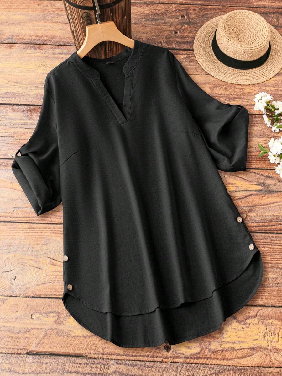 SHEIN Unity Plus Notch Neck Roll Tab Sleeve High Low Hem Blouse - Black - View 1