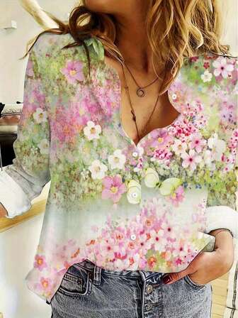 2025 Kobiety Wiosna Jesień Nowy Europejski i Amerykański Styl Kwiatowy Nadruk Kołnierz Swobodny Luźny Wygodny Długi Rękaw Bluzka