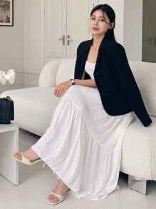 DAZY 女士纯色弹力腰多层荷叶边下摆优雅白色半身裙，适合度假夏季穿着 - 白色 - 查看 7