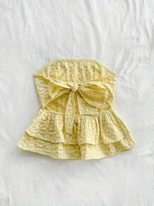 Soleia 女人度假女士休闲鹅黄色提花系带露背荷叶边抹胸夏季可爱午餐休闲返校黄色上衣 - 黃色 - 查看 2