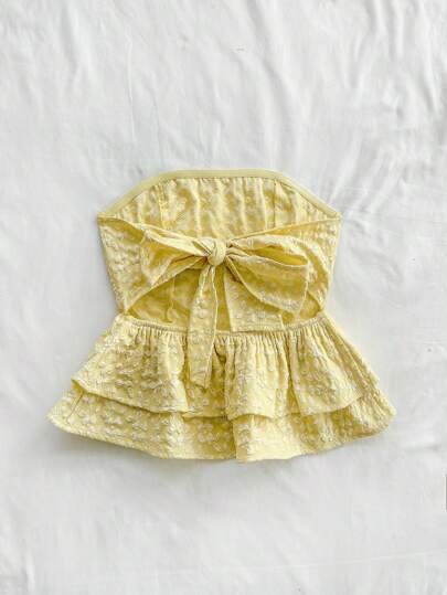 Soleia Blusa amarilla casual de verano estilo peplum sin espalda con lazo para mujer, look casual para vacaciones, almuerzo o de regreso a clases