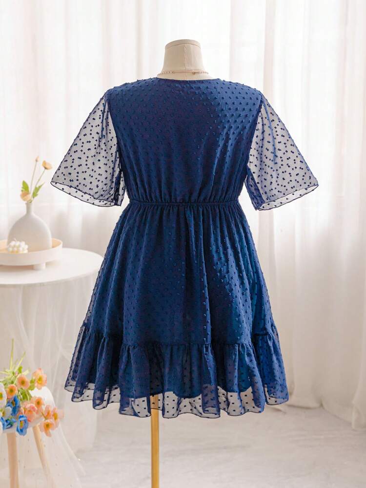 Plus Size Women's V-Neck Twist Front Bell Sleeve Cinched Waist A-Line Short Dress In Blue With Cutout Texture And Semi-Transparent Fabric, Vacation Style