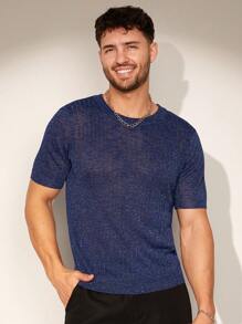 Manfinity Homme Men's Casual Sparkle Short Sleeve Knitted Top For Summer - Royal Blue - View 3
