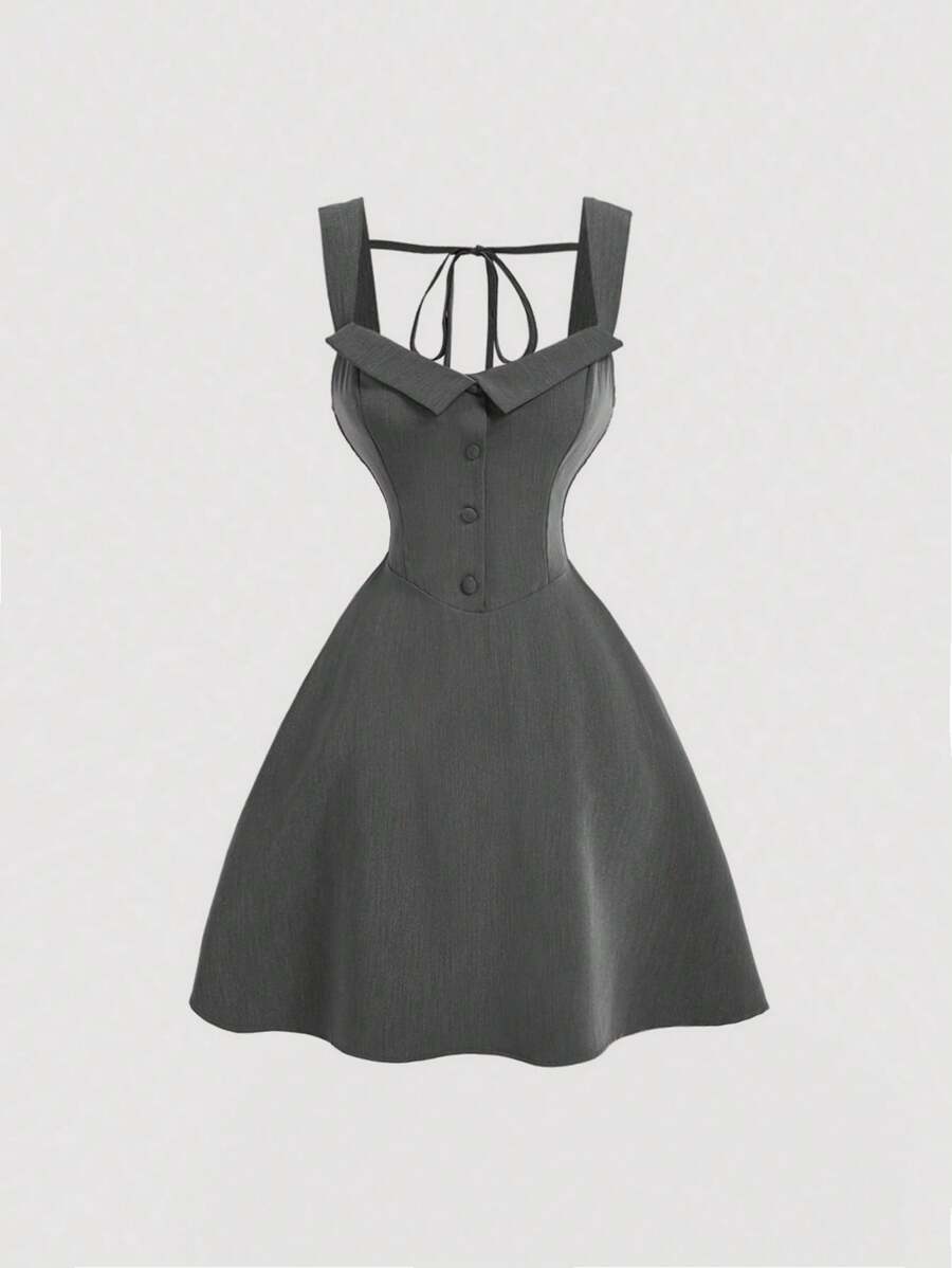 SHEIN MOD 開學季復古方領灰色連身裙，早午餐禮服、外出裝、性別揭露乾杯禮服，鈕扣連身裙 - 灰色 - 查看 1