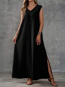 EMERY ROSE 卡其色紋理面料無袖V領開叉女裝連衣裙