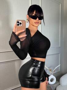 SHEIN SXY Blusa transparente de malla con cuello asimétrico, para mujer de talla grande y sexy