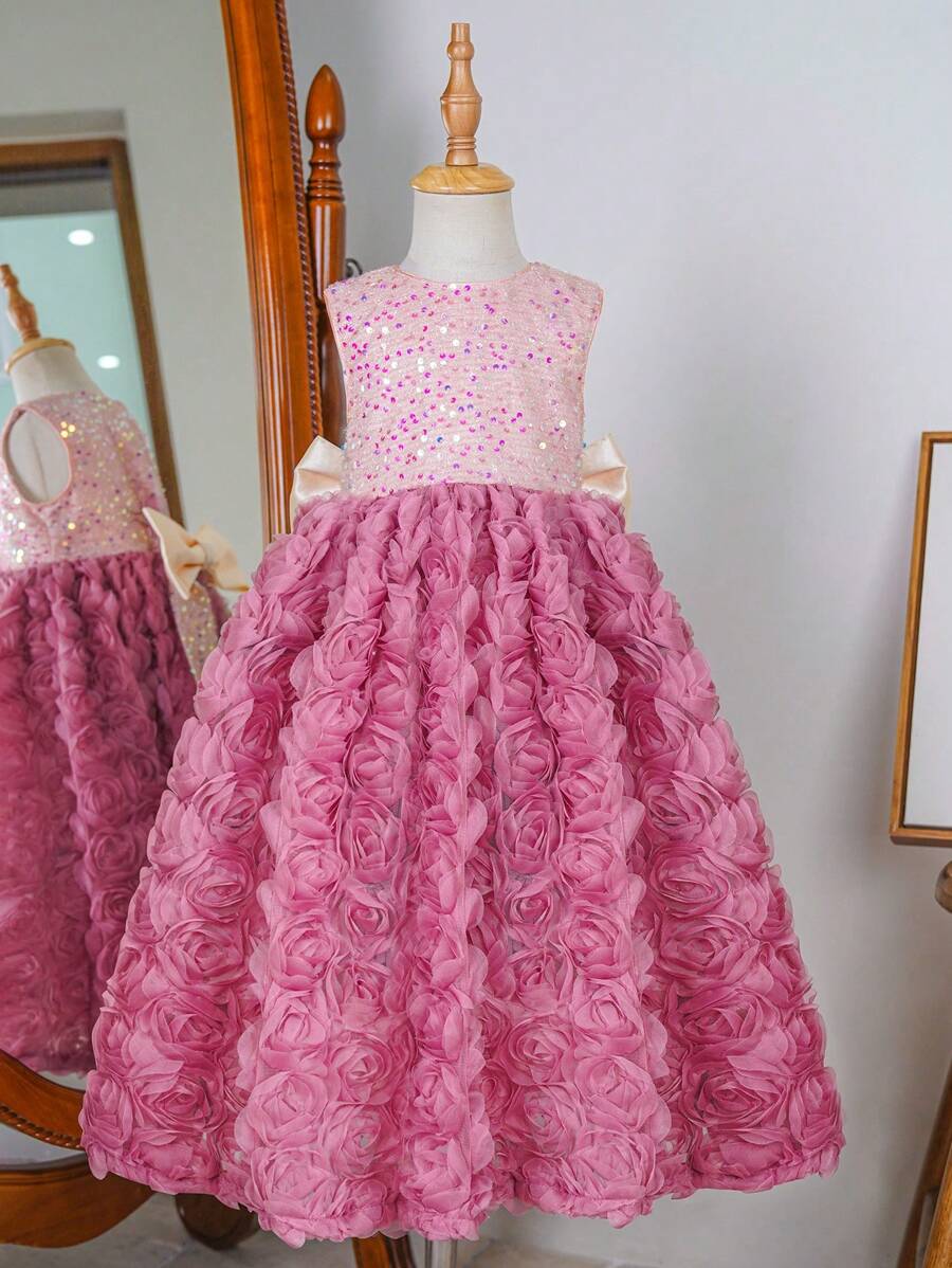 Young Girls' Sleeveless Round Neck Glittering Rose Embellished Long Formal Dress