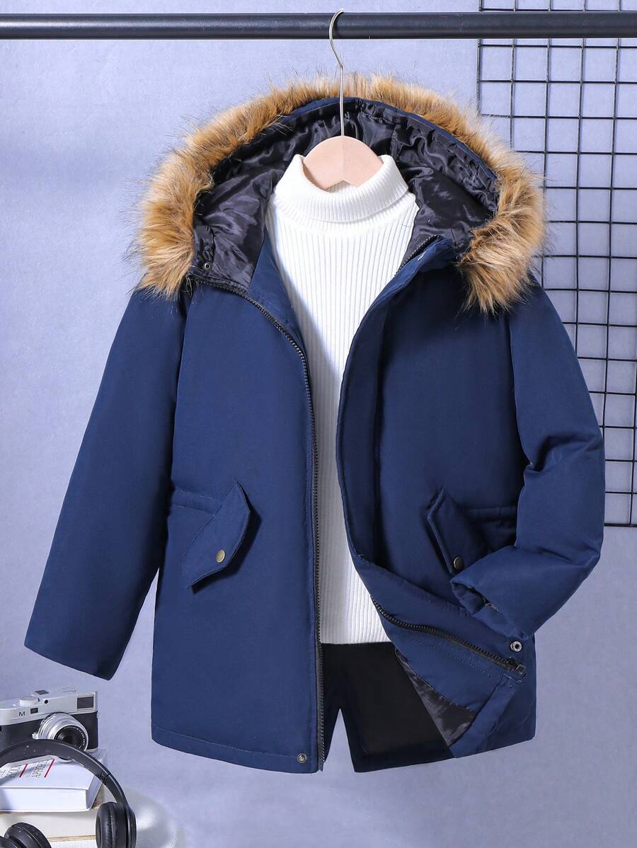 Boys' Leisure Hooded Fur Collar Parka Down Jacket - Royal Blue - View 1