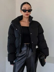 DAZY Áo khoác nữ cổ đứng màu trơn, đệm ngắn, áo khoác mùa đông - màu đen - Xem 7