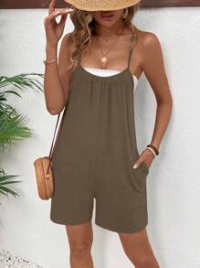 Chiquease 女性單色斜口袋背心連體褲 - 棕色 - 查看 6