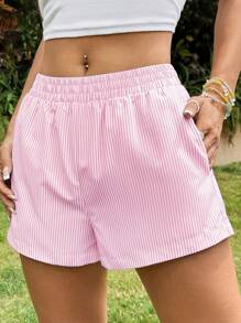 SHEIN EZwear 夏季粉色條紋休閒女式短褲，舒適短褲 - 粉色 - 查看 4