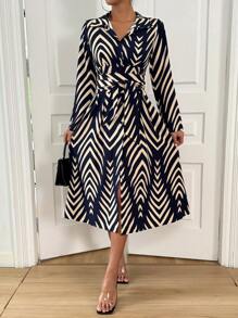 Chiquease Allover Print Belted Shirt Dress - Navy Blue - View 6