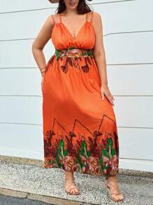 SHEIN VCAY Vestido de talla grande sin mangas con estampado floral, pliegues en el pecho y tirantes anchos - Naranja - Ver 4